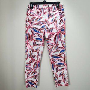 J. Crew factory skimmer stretch white pink blue leaf print ankle pants 0 zip fly